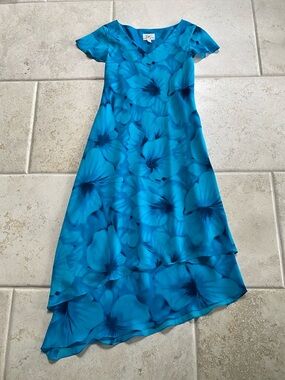 Donna Ricco Blue V-Neck Midi Tiered Dress Size 8